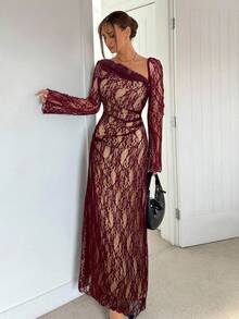 Siren Gaze 女式黑色网眼修身连衣裙，露肩，腰部收褶，A 字下摆，度假连衣裙，法式背心裙，黑色长袖连衣裙 - 酒紅色 - 查看 5