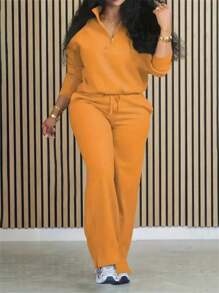 INAWLY 2pcs Women Solid Color Half Zip Jacket And Pants Set, Autumn - Yellow - View 3