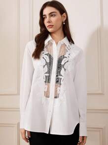 Briarwyn 女士优雅材质拼接透明提花立领衬衫女衬衫，长袖上衣女式贴花做旧透明长袖衬衫，春秋季，优雅通勤女士白色天丝花卉蕾丝拼接衬衫，商务休闲，老款服装 - 白色 - 查看 2