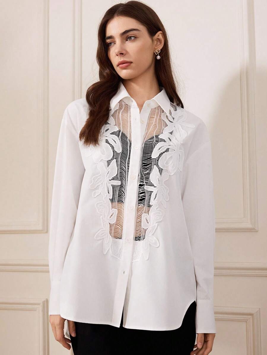 Briarwyn 女士优雅材质拼接透明提花立领衬衫女衬衫，长袖上衣女式贴花做旧透明长袖衬衫，春秋季，优雅通勤女士白色天丝花卉蕾丝拼接衬衫，商务休闲，老款服装