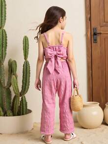 全新少女夏季甜美海滨度假粉色舒适露背蝴蝶结装饰连体裤 - 粉色 - 查看 2