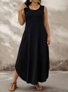 EMERY ROSE Plus Size Black Wide Strap Curved Hem Solid Midi Dress,Summer Casual Sleeveless Chic Vacation Holiday Dress Suitable For Spring And - Multicolor - View 5