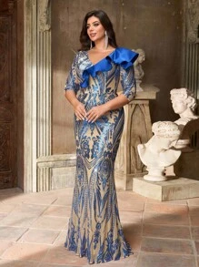 Aureia 加大码夏秋优雅浪漫华丽皇家蓝色圆领假深 V 领七分袖形状胸部不对称荷叶边修身鱼尾下摆加尾巴适合晚餐单身派对约会舞会假日婚礼活动返校厚重晚礼服婚礼宾客礼服 - 彩色 - 查看 6