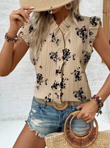 EMERY ROSE Casual Holiday Everyday V-Neck Floral & Wave Printed Ruffle Trim Ladies Shirt - Apricot - View 4