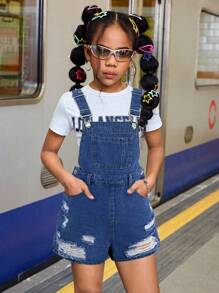 SHEIN Tween Girls Summer Beach Boho Light Washed Slant Pocket Denim Overall Jumpsuit Romper Without Tee,Girls Summer Casual Concert Rave Outfits Graduation Outfit,Everyday Wear, Girls Jean Short Sets, Kids Overalls Girls, Denim Romper For Toddler Girl, Kids Jeans Romper