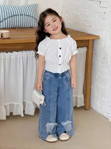 SHEIN 年轻女孩的白色和银色串珠浅色蝴蝶结牛仔阔腿裤，女童春夏休闲度假乡村波西米亚风装，女童沙滩装，女童西部街头装，春假装，狂欢装节日牛仔裤，年轻女孩度假装