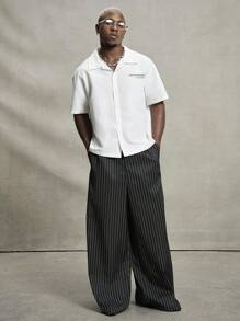 PAVTROS Manfinity Streetrush Streetrush Men's Casual Commute Striped Wide Leg Pants, Men Pinstripe Pants Men Wide Leg Pants Men Pleated Pants Men Baggy Pants Pinstripe Wide Leg Pants, Boy Friend Gifts, Streetwear Men, Fall - Black - View 2