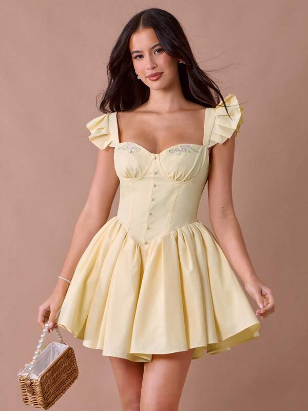 Enchnt Summer Romantic Women's Butter Yellow Little Rose Embroidered Sweetheart Neck Sleeveless Princess Cute Mini Dress,Sweet&Elegant For Vacation&Date&Holiday&Birthday&Party&Graduation&Wedding Guest&Beach,Prom Dress,Summer Dresses For Women,Sun Dresses For Women,Summer Clothes,Summer Outfits For Women,Vestidos Elegantes Para Fiesta,Vestidos Elegantes De Mujer