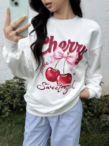 SHEIN Áo nỉ cổ tròn tay dài họa tiết quả anh đào đơn giản thoải mái, dáng rộng, giản dị cho bé gái tuổi teen - trắng - Xem 6