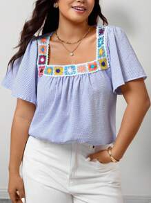 Elenzga Plus Size Summer New Floral Patchwork French Square Collar Pullover Sweater For Women, Fashion Chic Striped Short Sleeve T-Shirt For Women, Fashionable Unique Summer Baggy Smock Top Blouse For Plus Size Figure