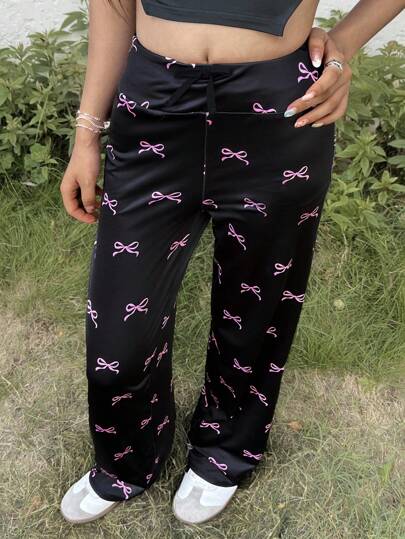 SHEIN Teen Girl Casual Minimalist Comfy Mid-Rise Bow Decor Sweatpants