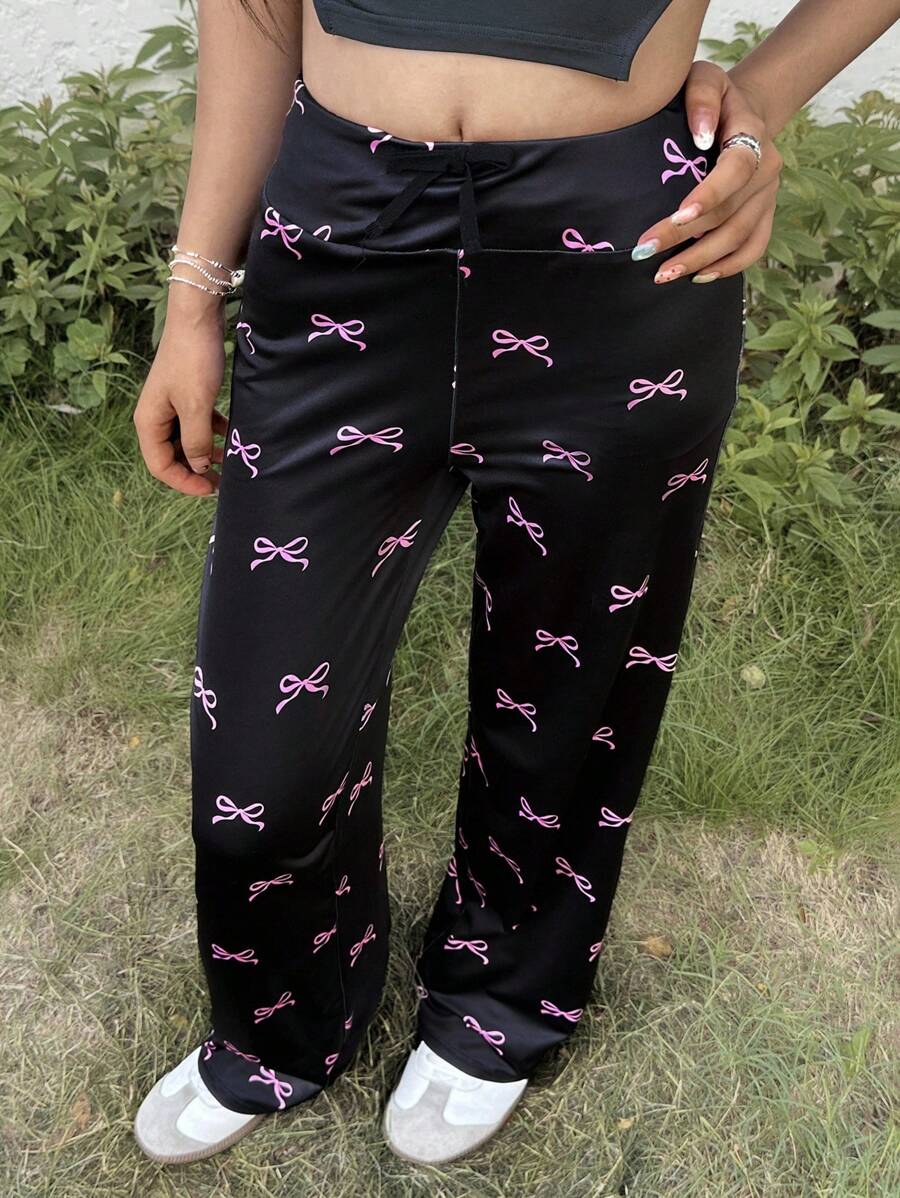 SHEIN Teen Girl Casual Minimalist Comfy Mid-Rise Bow Decor Sweatpants