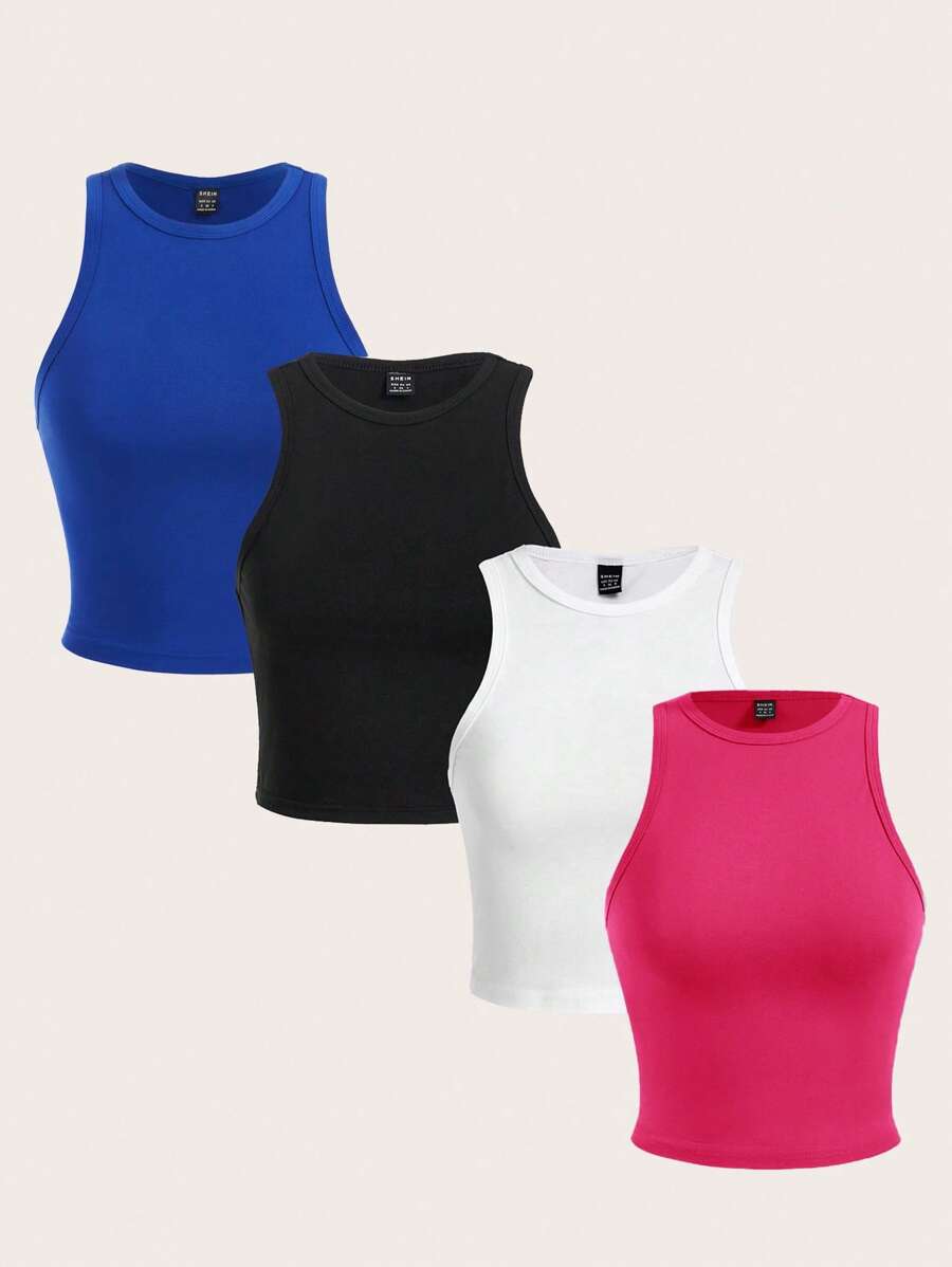 SHEIN Essnce 4 件套休闲纯色百搭女士短款紧身吊带背心，适合夏季 - 彩色 - 查看 1