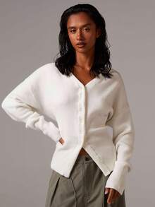 Athîral 女士优质束腰针织开衫 女士开衫 纽扣开衫 薄款开衫 V 领开衫 短款开衫 秋冬白色开衫 - 白色 - 查看 1