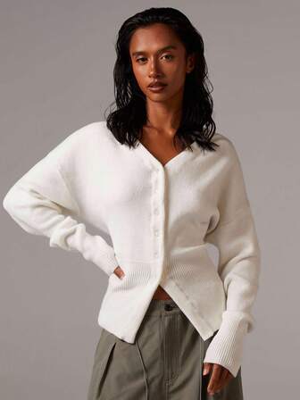 Athîral Women's Premium Cinched Waist Knitted Cardigan Women Cardigan Button Up Cardigan Thin Cardigan V-Neck Cardigan Cropped Cardigan White Cardigan In Fall/Winter