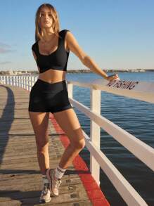 Aralina Leisurewear Summer Yellow Ruche Front Bike Short Ruffle Top Two Pieces Set - Black - View 13