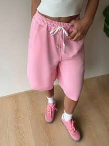 SHEIN EZwear Pantaloncini rosa casual e morbidi da donna in taglie comode, per l'estate - Rosa - Visualizzare 5