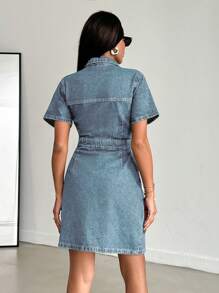 EURMUSE Women's Short Sleeve Single Breasted Pocket Casual Denim Dress - Baby Blue - View 2