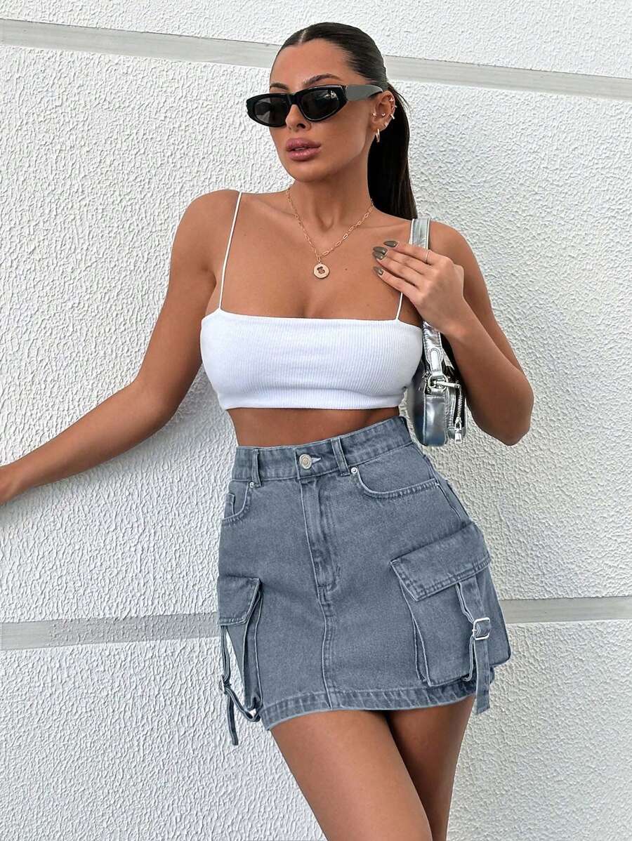 EURMUSE Women's Casual Washed Denim Cargo Mini Skirt - Light Wash - View 1