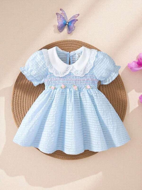 Souflis Souflis Lässiges, bequemes, süßes modisches strukturiertes kariiertes Puffärmel Volant Kragen Peplum A-Linien Baby Mädchen Kleid