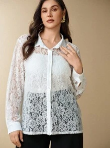 Flouryn Plus Size White Lace Long Sleeve Shirt, Elegant For Commuting And Vacation, Fall Women Clothes Fall Clothes Fall Tops Fall Women Outfits