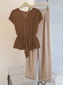 Franclia Damen Lässig Sommer Orange Kurzarm Top und Hose 2-teiliges Set im Maillard-Stil Sommer Braun Kleidung für Universität - Braun - Übersicht 3
