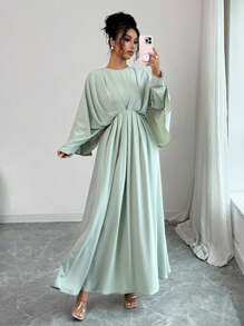 Elenzga Robe maxi élégante et sophistiquée pour femme, style minimaliste et de haute qualité, convient pour le bureau, les déplacements, la plage, les festivals de musique, le thé de l'après-midi, les courses, les croisières. Col rond, 2 en 1 avec plis à la taille et manches chauve-souris, coupe évasée, printemps/été