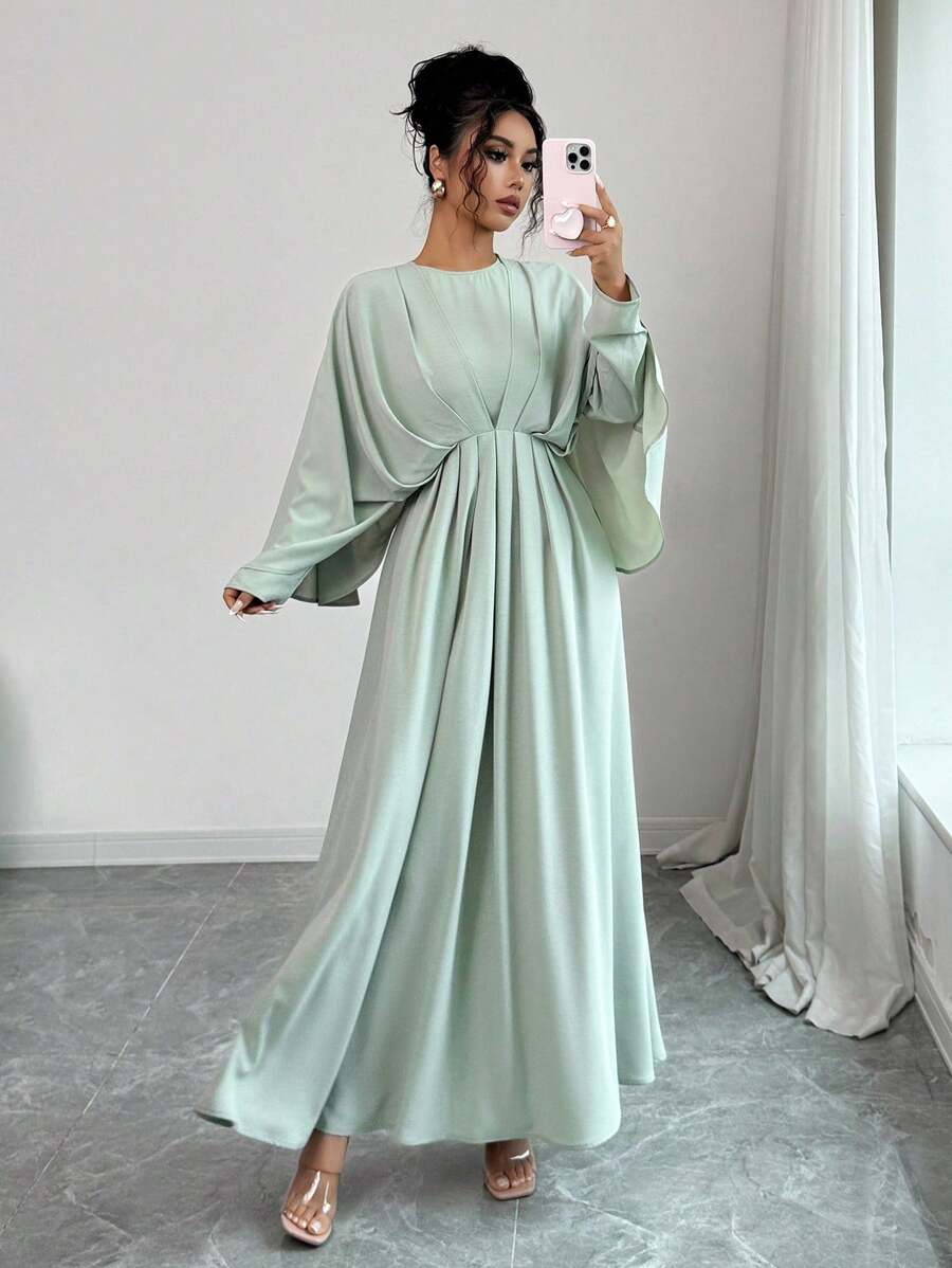 Elenzga Robe maxi élégante et sophistiquée pour femme, style minimaliste et de haute qualité, convient pour le bureau, les déplacements, la plage, les festivals de musique, le thé de l'après-midi, les courses, les croisières. Col rond, 2 en 1 avec plis à la taille et manches chauve-souris, coupe évasée, printemps/été