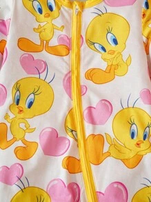 LOONEY TUNES X SHEIN 女宝宝卡通粉色爱心图案可爱连体衣，秋冬款 - 黃色 - 查看 6
