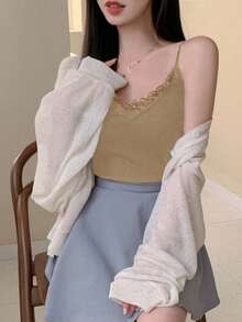 DAZY 女士夏季休闲纯色蕾丝花边吊带背心 - 卡其色 - 查看 5
