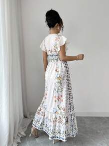 Rafferiza Damen elegantes, lässiges Kleid mit platziertem Muster, Flügelärmel und geraffter Taille - Aprikosenfarben - Übersicht 2