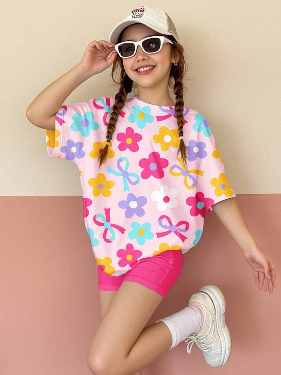 SHEIN 2 件青少年女孩休闲简约短袖宽松 T 恤和紧身裤套装，适合夏季 - 彩色 - 查看 1