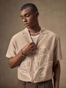 AKNOTIC Business Casual 男士白色花卉刺绣卡其色休闲修身短袖 Polo 衫，适合夏季、秋季、度假、日常穿着、派对、情侣装、男士礼物 - 棕色 - 查看 1