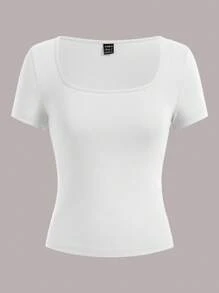 SHEIN EZwear 3件装女士藏青色、浅蓝色和白色短袖露脐修身休闲T恤，适合夏季外出穿着 - 彩色 - 查看 3