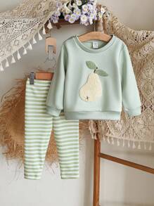 SHEIN Vintaside Kids Baby/Toddler Girls 0-3Y Spring/Summer Casual Home & Outdoor Cute Fruit Pear Print Crew Neck Long Sleeve Sweatshirt + Ribbed Leggings 2Pcs Outfits Set Fall Winter - Green - View 1