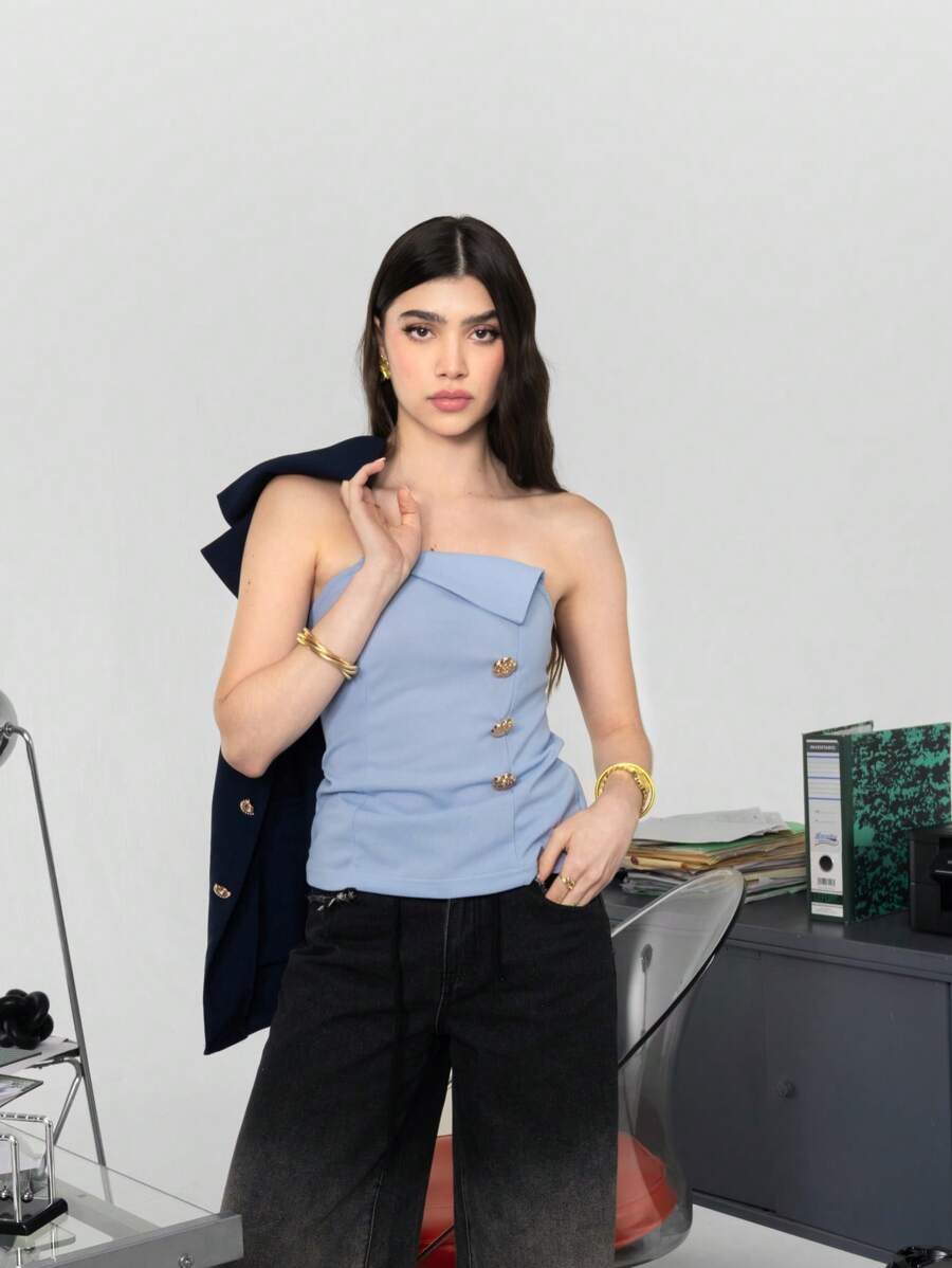 SHEIN X ELOISA & ORSON COSMINA Top casual para oficina para mujeres, conjunto de estilo empresarial casual similar al de bloggers, estilo "viejo dinero", atuendos de verano para mujeres, escotado azul