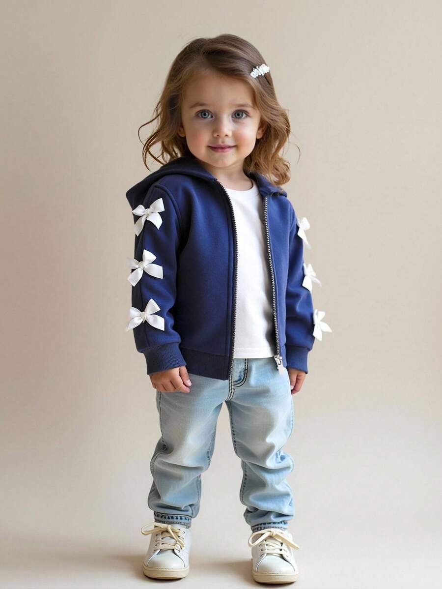 SHEIN Baby Girl Spring&Autumn Casual Style Toddler Jacket Long Sleeve Hooded Top Fall Winter - Navy Blue - View 1