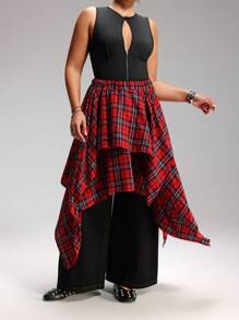 LYSMO 红黑格子松紧腰不对称下摆休闲大码女式中长裙 - 紅色 - 查看 4