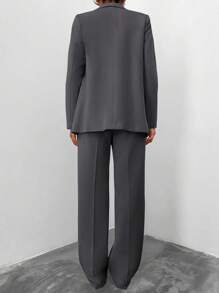 EURMUSE Women's Solid Color Blazer & Pants Suit Set - Dark Grey - View 2