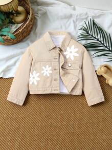 SHEIN Vintaside Kids Young Girl Floral Print Flap Detail Denim Jacket Without Tee,Holiday,Summer,Travel - Khaki - View 5