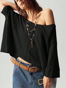 Bohemela Áo thun dệt kim cổ chữ V rộng rãi, giặt sạch cỡ lớn - màu đen - Xem 5