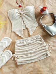 SHEIN Conjunto de 2 piezas de top tipo tank holgado y cómodo con dobladillo asimétrico talla grande minifalda para niñas preadolescentes, conjunto de playa