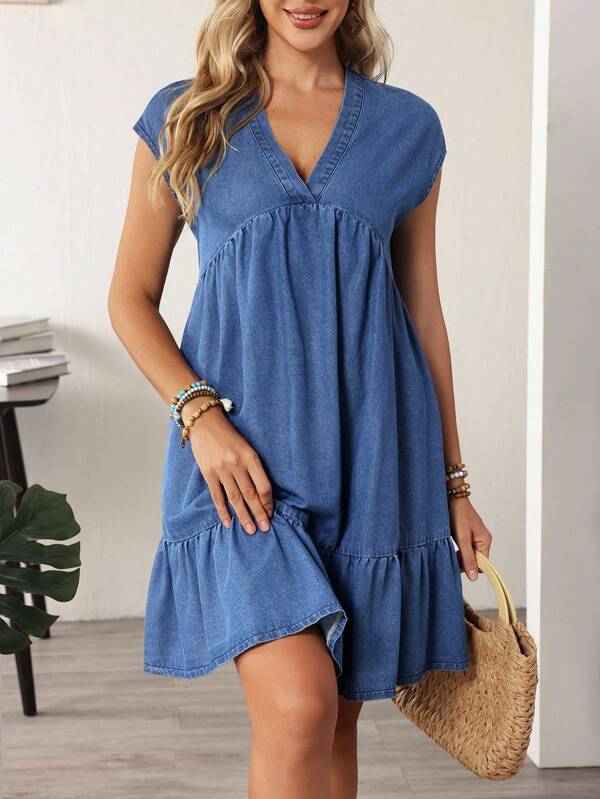 EMERY ROSE Women's Casual Loose Daily Ruffled Hem V-Neck Denim Dress
