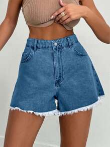 EURMUSE 100%纯棉女款浅蓝色石洗磨边牛仔短裤