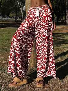 DAZY 波西米亚风印花高腰抽绳宽松阔腿裤休闲运动裤轻薄夏季 - 酒紅色 - 查看 4