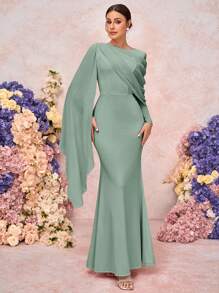 SHEIN Belle 优雅浪漫圆领长袖褶饰不对称美人鱼下摆针织伴娘礼服 - 綠色 - 查看 3