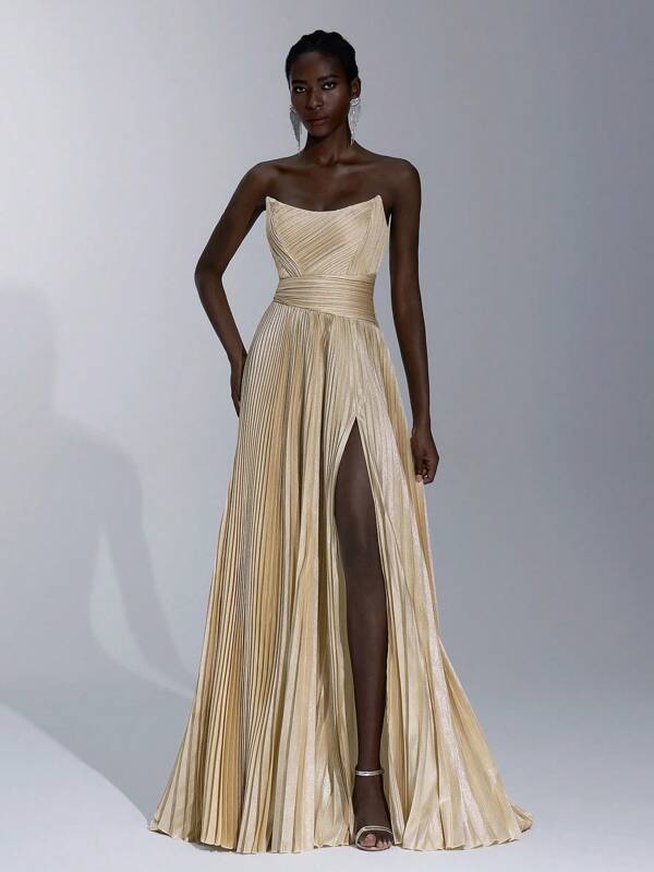 Elitara Abito da sera elegante color champagne con pieghe in chiffon glitterato, vita asimmetrica a line, maxi, spacco alto, fiocco regolabile al collo, adatto per appuntamenti, vacanze, feste, matrimoni, lauree, balli, occasioni formali