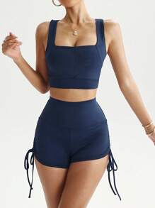 Sovereign Charm Bộ đồ thể thao tập luyện cho nữ, áo ba lỗ ngắn màu xanh navy và quần short - Màu xanh hải quân - Xem 4