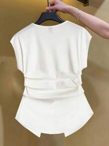 Franclia Elegant Solid Color Wide Shoulder Ruched Waist Tee, Summer - White - View 2