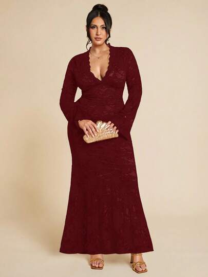 SHEIN BAE 大码女式V领蕾丝透视度假连衣裙，修身连衣裙